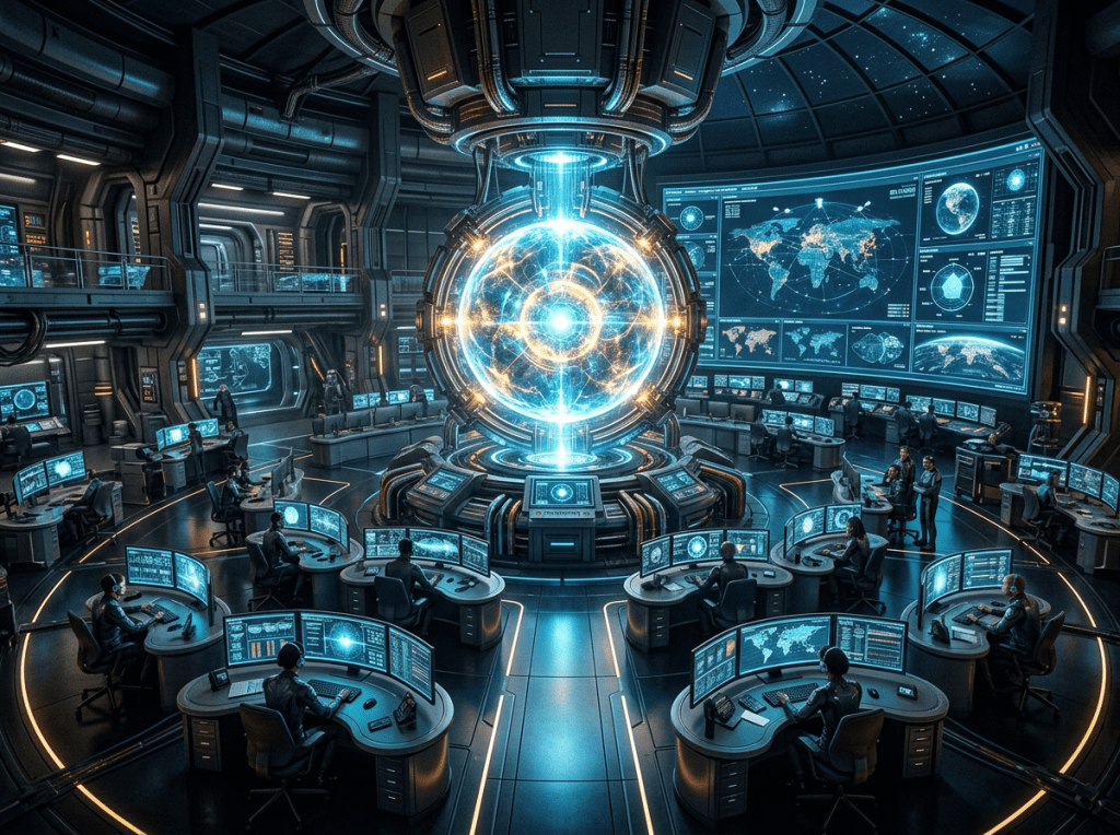 High-tech command center with multiple operators working at curved desks displaying global data