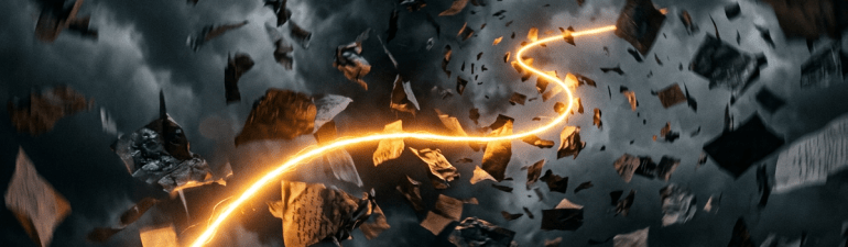 Scattered papers swirling in a dark stormy sky with a bright orange light trail moving through them