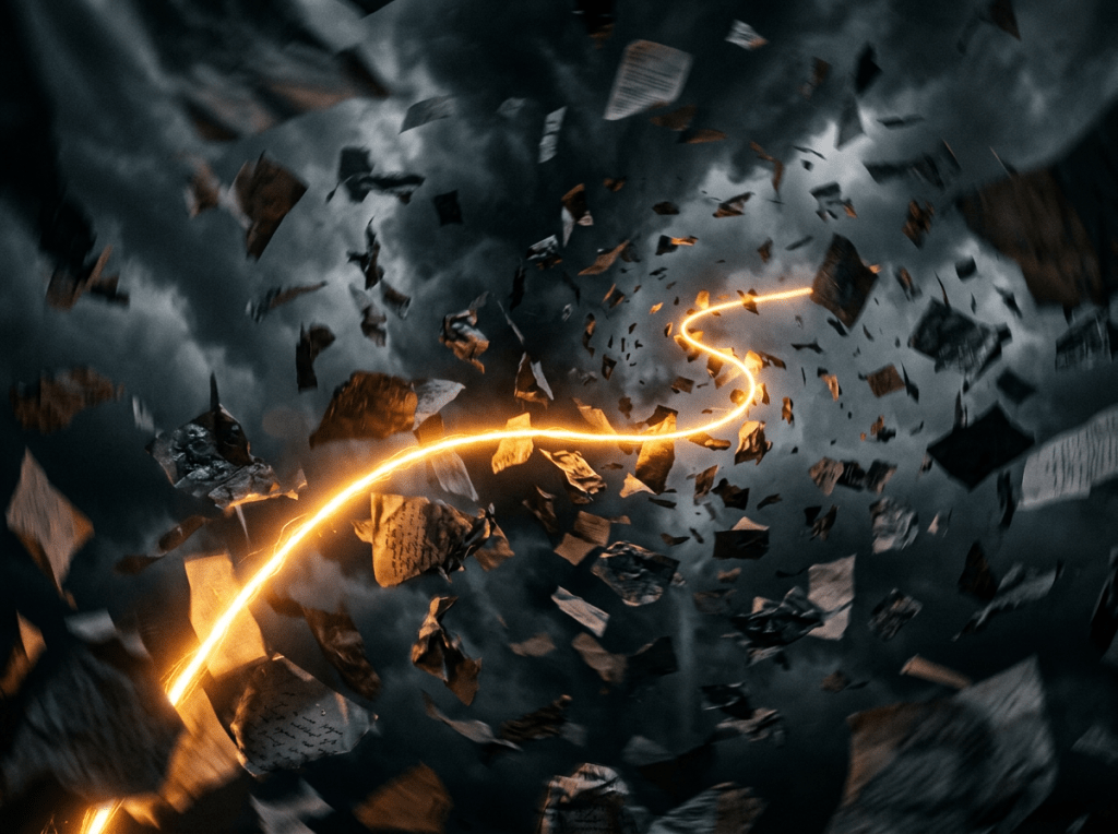 Scattered papers swirling in a dark stormy sky with a bright orange light trail moving through them