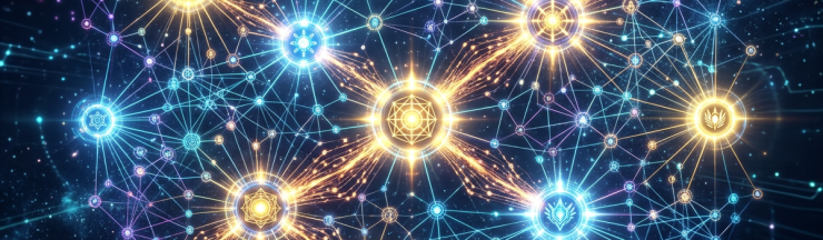 Abstract depiction of glowing interconnected nodes forming a neural network structure
