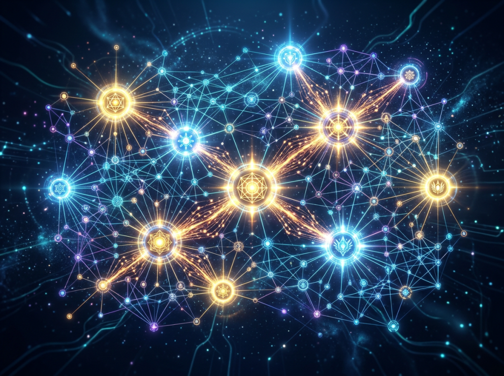 Abstract depiction of glowing interconnected nodes forming a neural network structure