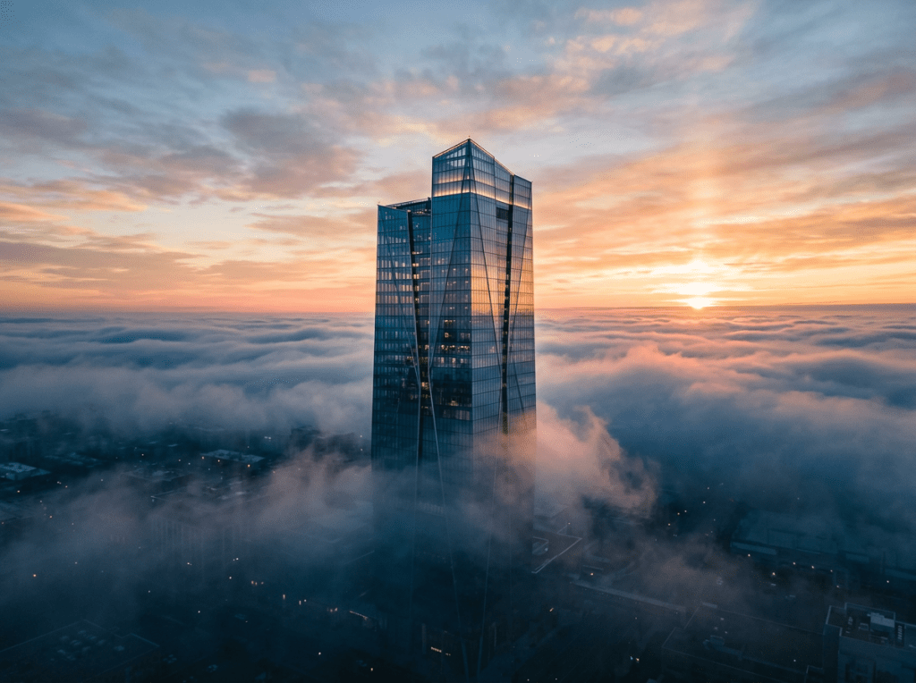 Tall glass skyscraper emerging above dense fog at sunrise