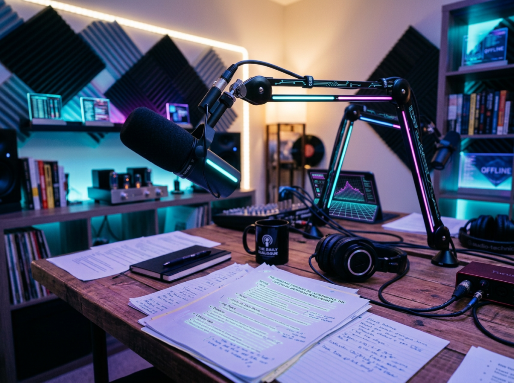 Podcast host seated beside microphones and recording equipment