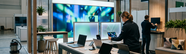 Technology exhibition booth prepared before visitors