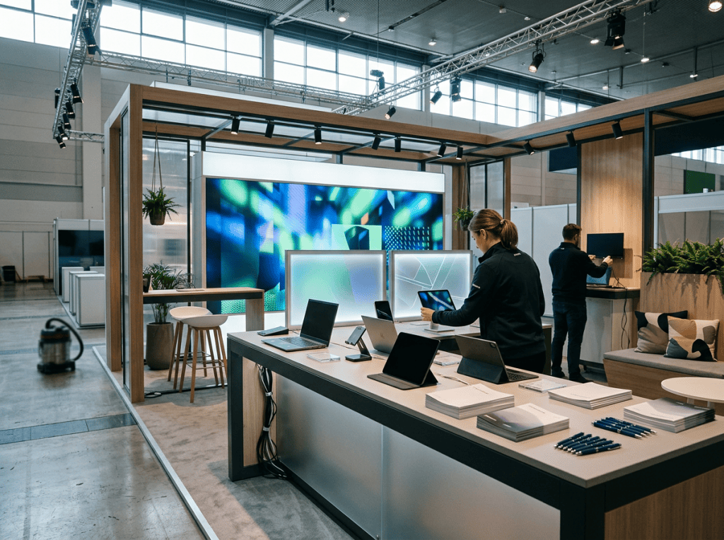 Technology exhibition booth prepared before visitors